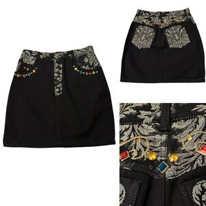 Vtg Western Denim Tapestry Short Skirt Womens Small Black Faux Jewel Embellish